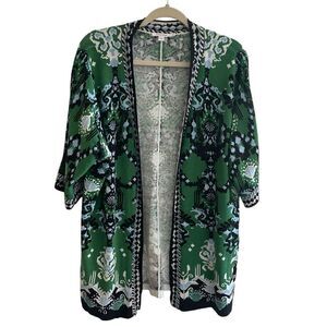 Chico’s Green Ikat Print Cardigan Kimono Linen Sweater Women’s Size 2 Large